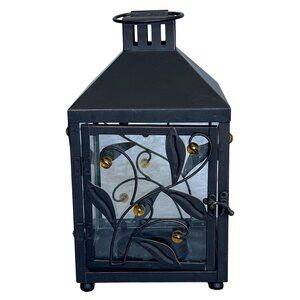 Rustic Decorative Black Metal 14"x 6" Vine Leaf Lantern Amber Glass Ball Accents